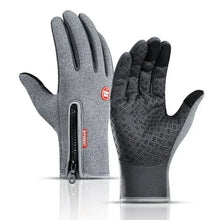 Load image into Gallery viewer, Gray winter cycling gloves with anti-slip grip and zipper closure, designed for outdoor sports and adventures.
