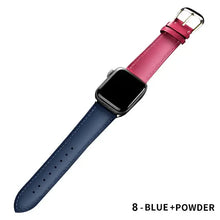 Charger l&#39;image dans la galerie, Blue and pink leather band for Apple Watch showcasing elegant design with metal buckle, compatible with various sizes and series.
