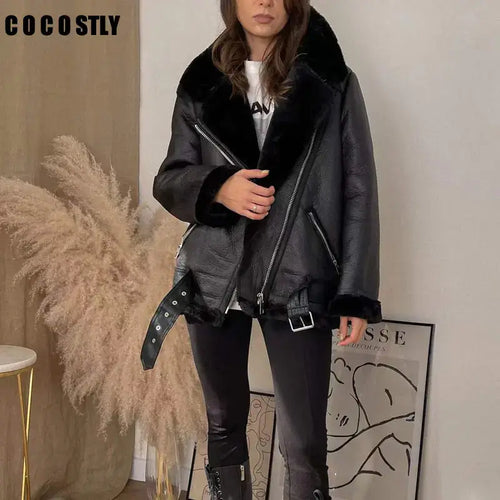 Woman wearing black faux leather fur coat with zipper closure, showcasing elegant and warm winter fashion, vegan-friendly design.