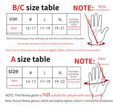 Load image into Gallery viewer, Size chart for fitness gloves: B/C (wrist) and A (palm) with sizing guide notes for proper fit and protection.
