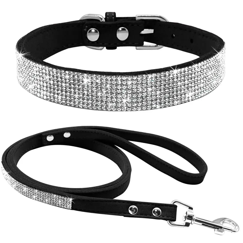 Elegant leather dog collar leash set with sparkling rhinestones, combining style and durability for a chic dog walking accessory.
