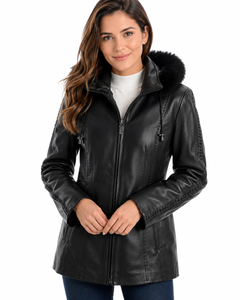 Fox Trimmed Fur Leather Coat - Women Leather Jacket by Reed