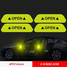 Load image into Gallery viewer, Green reflective car door warning tape for enhanced visibility and safety at night, shown on open car doors, set of four.
