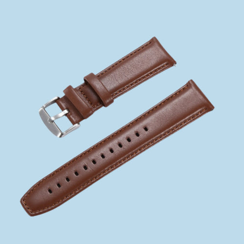 Brown leather watch band with polished metal buckle, 22mm width, crafted from Italian calf skin leather, elegant and refined design.
