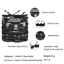 Load image into Gallery viewer, Multilayer leather bracelet set with braided rope, adjustable length, and classic colors, made from leather and alloy metal. Weight: 41g.

