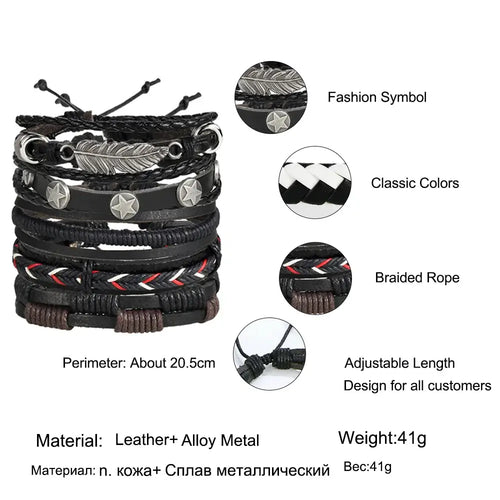 Multilayer leather bracelet set with braided rope, adjustable length, and classic colors, made from leather and alloy metal. Weight: 41g.