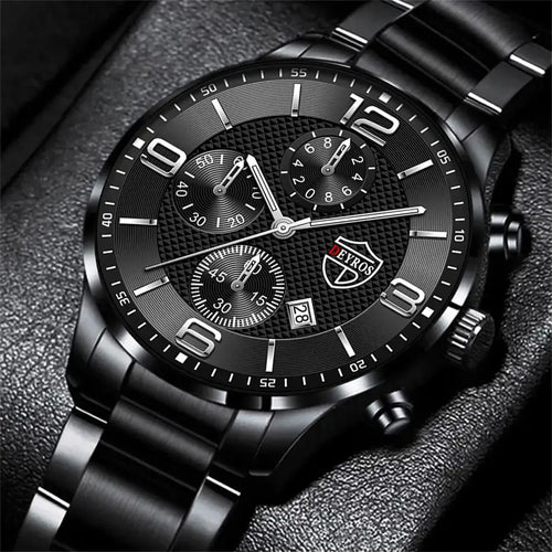 Luxury men's business watch with sleek black design and chronograph on leather surface, perfect for modern professionals.
