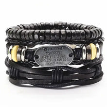 Load image into Gallery viewer, Men&#39;s leather bracelet stack with engraved religious quote, featuring beads and black leather, ideal for adding rugged sophistication.
