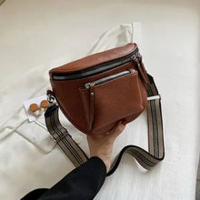 Load image into Gallery viewer, Vintage vegan leather crossbody shoulder bag with striped strap, designed for elegance and practicality.

