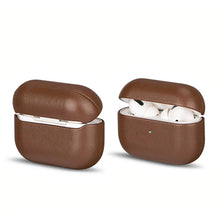 Load image into Gallery viewer, Genuine leather AirPods case in brown, showcasing closed and open views to display AirPods fit and sophisticated design.
