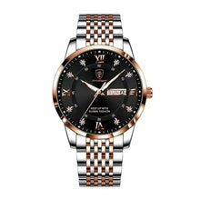 Load image into Gallery viewer, Men&#39;s stainless steel watch with black face and rose gold accents; elegant timepiece for modern style.
