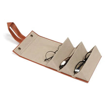 Cargar imagen en el visor de la galería, Open portable eyeglasses case with multiple slots holding glasses, made of brown vegan PU leather, perfect for stylish storage.
