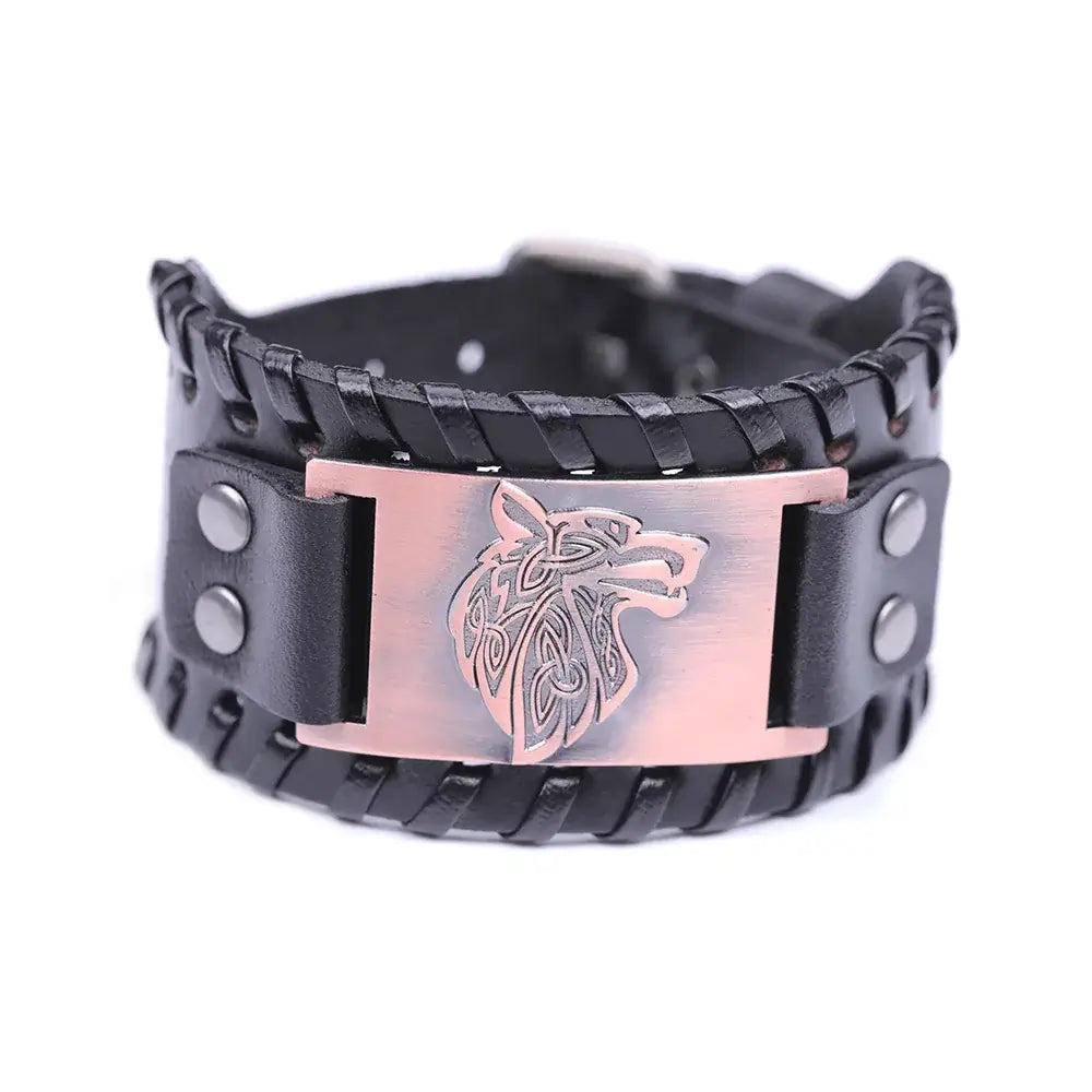 Vintage wide leather woven bracelet with intricately crafted wolf head centerpiece symbolizing strength and independence.