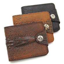 Load image into Gallery viewer, Vintage crocodile texture men&#39;s leather wallets in black and brown, featuring a genuine design with metal buttons.
