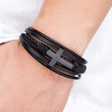 Load image into Gallery viewer, Black cross leather bracelet made from vegan leather, perfect gift for loved ones, symbolizes &#39;Love you forever.&#39;
