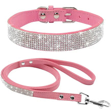 Load image into Gallery viewer, Pink leather dog collar leash set with sparkling rhinestones for style and durability.
