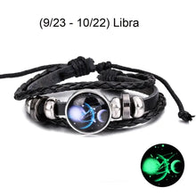 Load image into Gallery viewer, Libra zodiac sign leather bracelet with glowing charm, perfect for astrological identity and style. Dates: 9/23 - 10/22.
