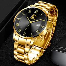 Load image into Gallery viewer, Gold minimalist men&#39;s watch with black face, Roman numerals, and sleek design, ideal for timeless style and elegance.
