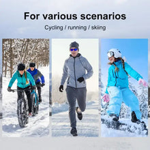 Load image into Gallery viewer, Outdoor enthusiasts cycling, running, and skiing in snow with thermal gear, showcasing versatility and warmth for all activities.
