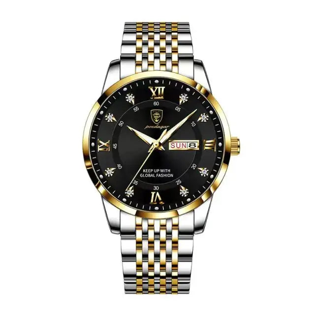 Men's stainless steel watch with black dial and gold accents, featuring a sleek, minimalist design ideal for modern style.