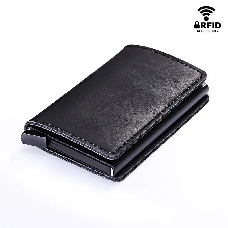 RFID Lock Vintage Automatic Vegan Leather Credit Card Holder with Aluminium, Black, Imported, Slim Design