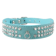 Load image into Gallery viewer, Stylish turquoise leather pet collar with sparkling rhinestones for puppies and cats, adjustable for comfortable and secure fit.
