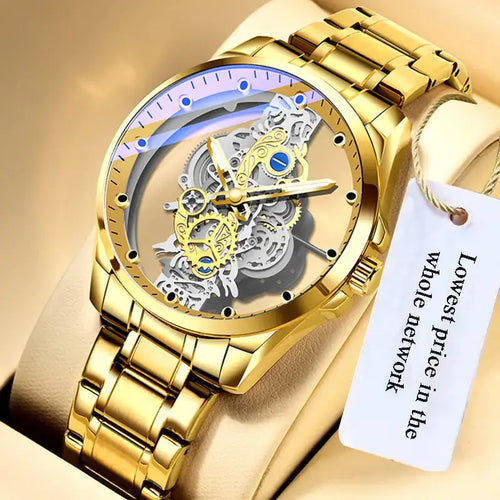 Skeleton Vintage Men's Watch with gold stainless steel band and open-face dial, offering luxury and style. Tag reads 'Lowest price in the whole network.'