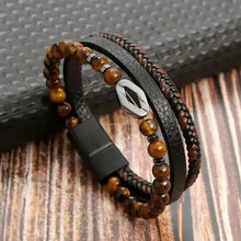 Load image into Gallery viewer, Classic men&#39;s leather bracelet with beads and braided design, showcasing timeless elegance and sophistication, perfect for any occasion.
