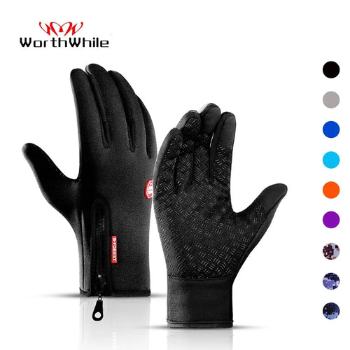 Winter outdoor sports cycling gloves in black with textured grip and zip closure, displayed with various color options.