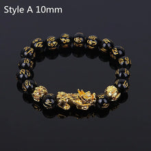 Load image into Gallery viewer, Feng Shui Wealth Bracelet with Black Beads and Gold Pixiu Charm, Style A 10mm, Symbol of Prosperity and Luck, Unisex Accessory
