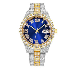 Cargar imagen en el visor de la galería, Diamond Roman wrist watch with blue dial, gold stainless steel case, and diamond-encrusted bezel; luxury men&#39;s fashion accessory.
