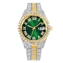 Cargar imagen en el visor de la galería, Luxurious diamond Roman wrist watch with green face and gold stainless steel, featuring a diamond-encrusted bezel and elegant craftsmanship.
