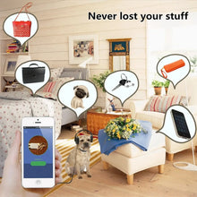 Cargar imagen en el visor de la galería, Home scene with eThings Key GPS Tracker Alarm Sensor showing tracking alerts for keys, bag, sunglasses, and smartphone.
