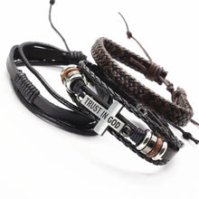 Load image into Gallery viewer, Men&#39;s leather bracelets and bangles featuring a &#39;Trust in God&#39; charm, showcasing rugged sophistication and unique style for all occasions.
