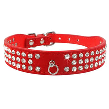 Load image into Gallery viewer, Red leather dog collar with sparkling rhinestones and adjustable buckle.
