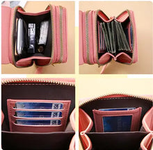 Load image into Gallery viewer, Inside view of a pink leather wallet, showing card slots, cash compartments, and space for small essentials.
