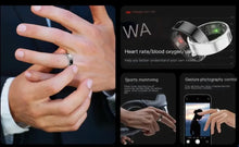 Load image into Gallery viewer, Alt Tag: Smart Ring with Display Screen for health monitoring, fitness tracking, and gesture control, shown on a hand and in advertisements.
