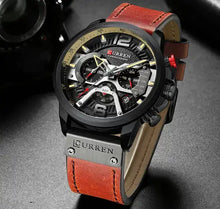 Load image into Gallery viewer, Curren Chrono Edition 2022 leather watch with gold accents, military-inspired design, and durable water-resistant build.
