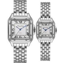 Charger l&#39;image dans la galerie, Elegant New Luxury Couple&#39;s Watches with silver link bands and matching square dials, symbolizing timeless love and unity.
