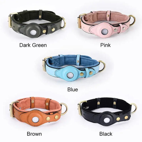 Leather anti-lost dog collars in five colors: dark green, pink, blue, brown, and black, made from vegan leather, imported.