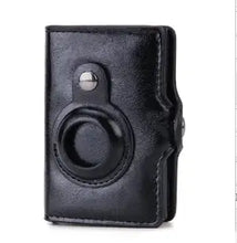 Load image into Gallery viewer, Black Airtag money bag wallet in premium synthetic leather, featuring a sleek and durable design for secure card and cash organization.
