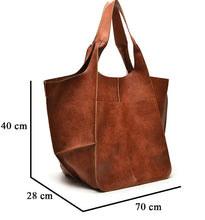 Load image into Gallery viewer, Retro Luxury Shoulder Bag in brown PU leather with dimensions 70x28x40 cm, vegan-friendly and stylish tote for everyday use.
