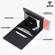 Cargar imagen en el visor de la galería, Open RFID blocking leather wallet displaying card holders, card case, and money clip; sleek, slim, and imported design for security.
