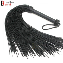 Cargar imagen en el visor de la galería, Real Genuine Cow Hide Leather Lace Flogger - 100 Falls Black Heavy &amp; Stingy Whip with braided handle and leather strands.

