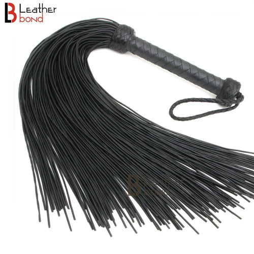 Real Genuine Cow Hide Leather Lace Flogger - 100 Falls Black Heavy & Stingy Whip with braided handle and leather strands.