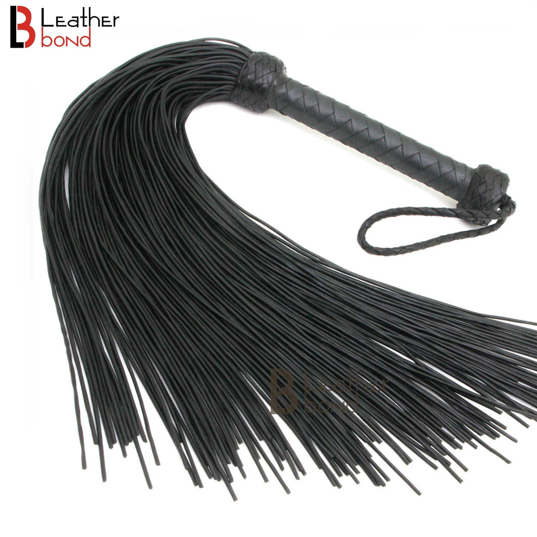 Real Genuine Cow Hide Leather Lace Flogger - 100 Falls Black Heavy & Stingy Whip with braided handle and leather strands.