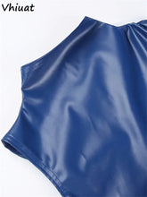 Load image into Gallery viewer, Blue vegan leather mini dress with smooth finish, sleeveless design. Stylish choice for evening parties and club nights.
