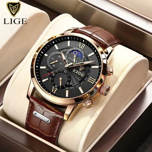 2023 LIGE men's luxury quartz watch with vegan leather strap, featuring chronograph sub-dials, in elegant packaging, perfect for gifts.