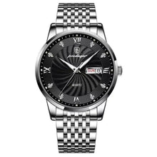 Load image into Gallery viewer, Elegant men&#39;s stainless steel watch with sleek black dial and date display, perfect for modern gentlemen&#39;s style and functionality.
