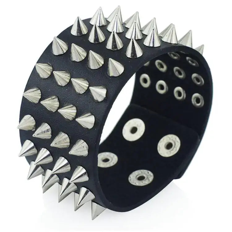 Faux leather bracelet with silver spikes, punk-inspired accessory, perfect for edgy fashion statement, durable and stylish design.